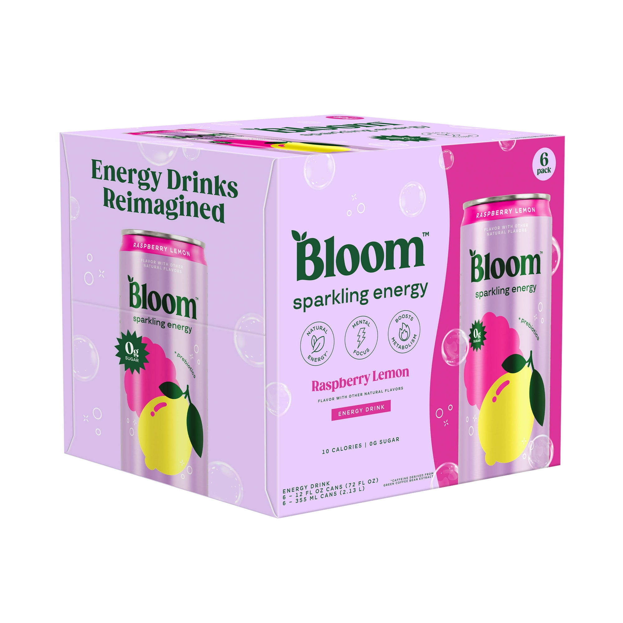 Bloom Nutrition Sparkling Energy Drink, Raspberry Lemon, 12 fl oz Cans, 6 Pack