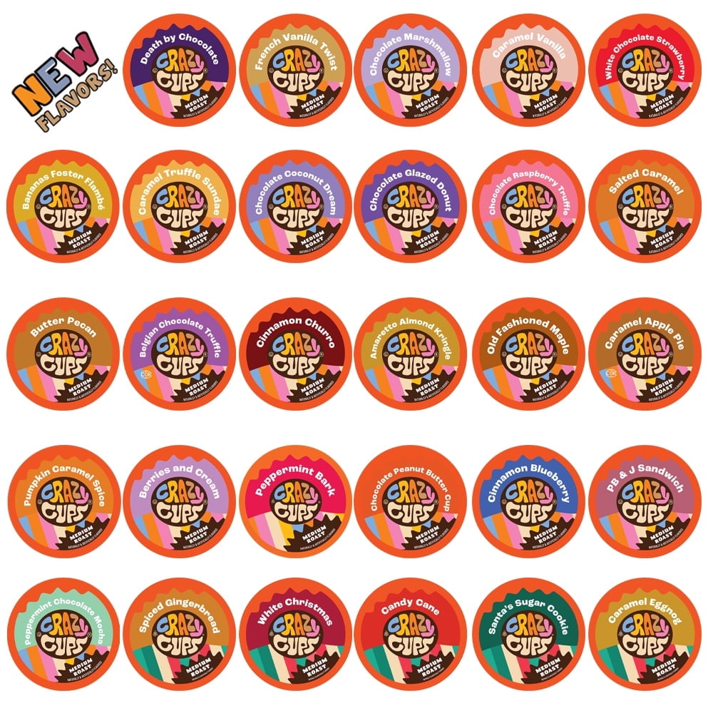 Crazy Cups Flavored Coffee K-Cup Pods Variety Pack, 30 Count Premium Dessert-Inspired Flavors, 0 Calories, 35% More Coffee, Compatible with Keurig Machines