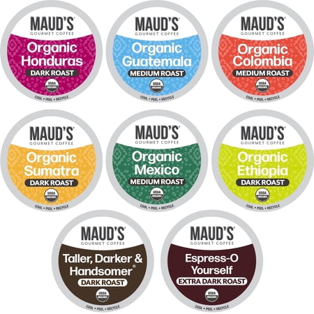 Maud's Organic Coffee Pods Variety Pack, 56 ct, 8 Assorted Flavors, Single Serve Pods - 100% Arabica Coffee, Compatible with Keurig K Cups Maker