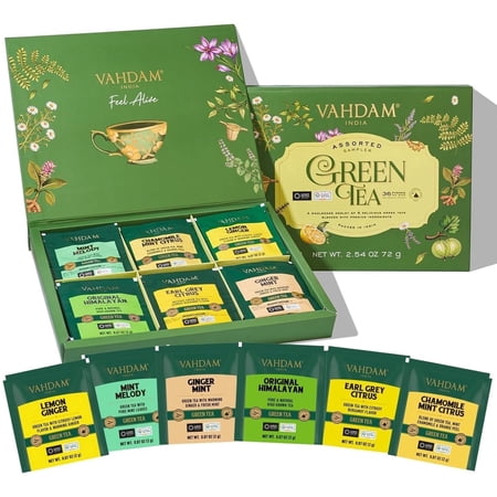 VAHDAM Green Tea Variety Pack Sampler Assortment (36 Pyramid Tea Bags, 6 Flavor) | Non-GMO Project Verified Himalayan Green Tea with No Artificial Ingredients | Gifts for Women & Men