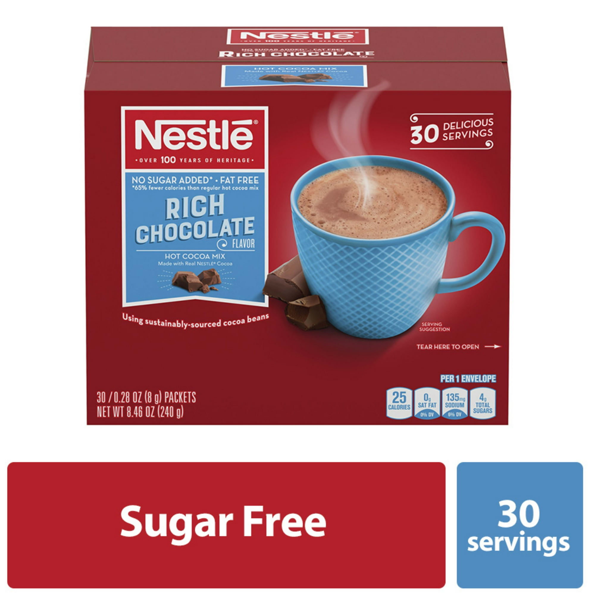 Nestle Hot Chocolate Mix, No Sugar Added, Fat Free, Single Packet, 30-Pack