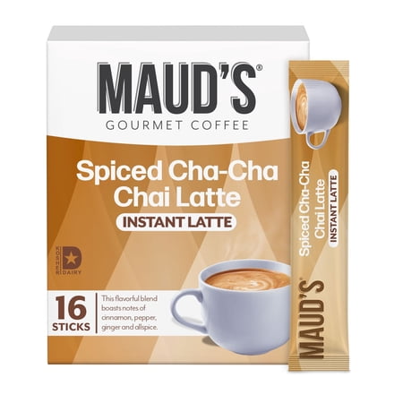 Maud's Spiced Chai Tea Latte Instant Packets, 16 ct, 100% Gourmet Blended Tea Leaves, Instant Hot or Iced Chai Tea Latte - Just add water