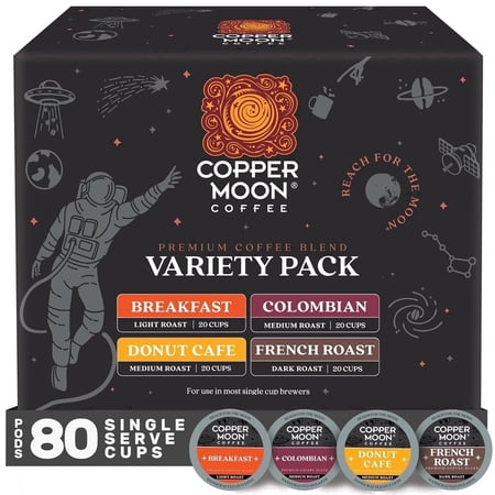 Copper Moon Variety Pack Coffee, Single Serve Coffee Pods for Keurig K-Cup Brewers; 20 each: Donut Cafe, Breakfast Blend, Colombian, French Roast, 80 Count