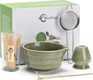Buucup Matcha Set, Matcha Bowl with Spout, Matcha Whisk and Holder, Bamboo matcha Scoop and Stainless Sifter - 5 Pcs Jade Green Matcha Set Kit for Matcha Lover