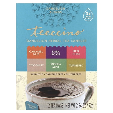 Teeccino Dandelion Tea Sampler - Caramel, Coconut, Dark Roast, Mocha Mint, Red Chai, Turmeric - Roasted Herbal Tea That's Caffeine Free & Prebiotic with Detoxifying Dandelion, 12 Tea Bags