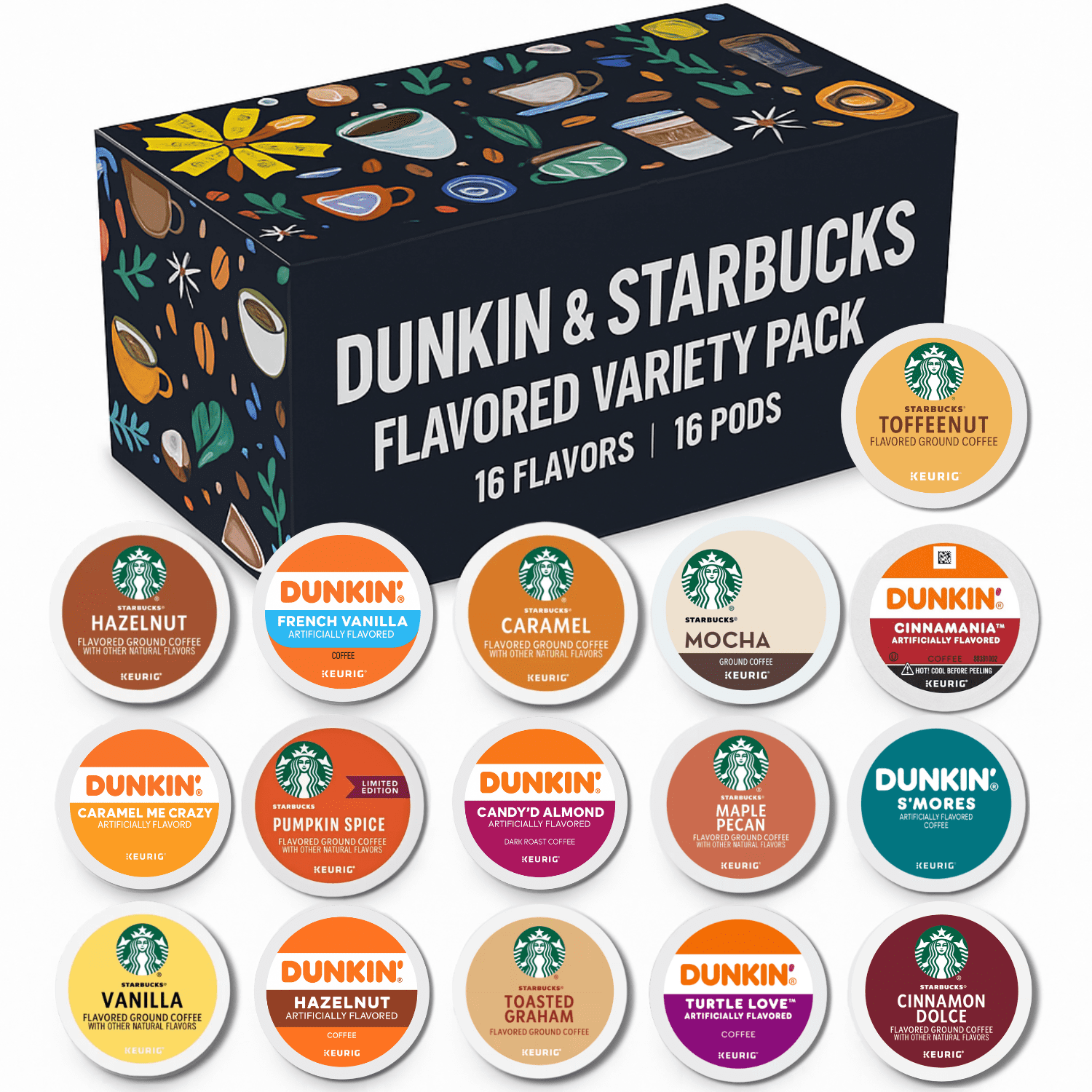 Starbucks & Dunkin Flavored Coffee Pods Variety Pack - 16 Flavors, 16 K-Cup Pods - Flavored K Cups Coffee Variety Pack Sampler - Keurig Compatible - Unisex Gift Box Ready