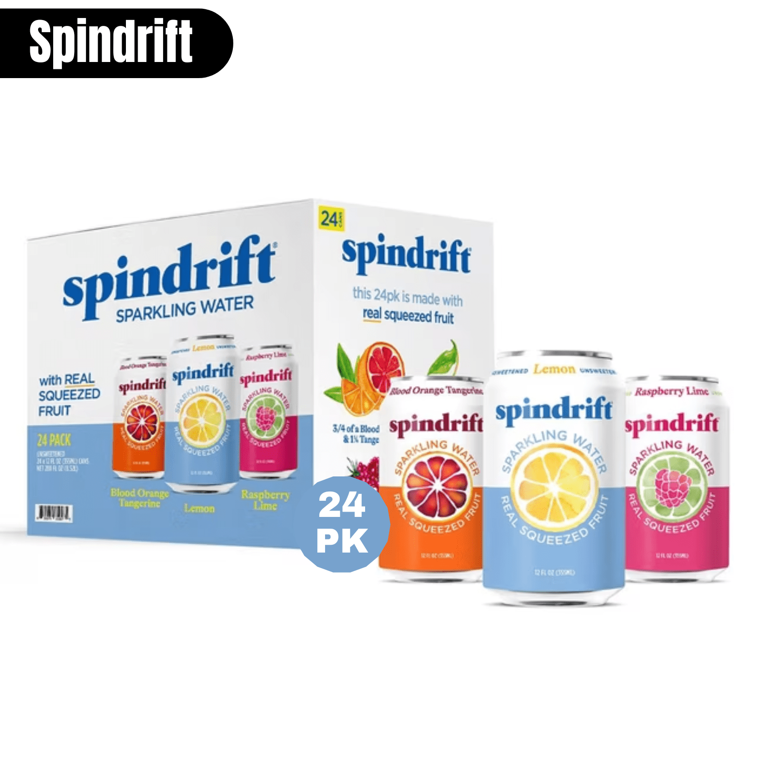 Spindrift Sparkling Water Variety Pack, 12 fl oz Cans, 24 Pack, Blood Orange Tangerine, Lemon & Lime
