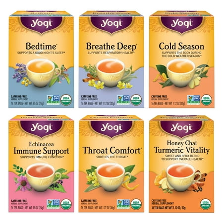 Yogi Tea Get Well Variety Pack Sampler, Caffeine-Free, Wellness Tea Bags, 6 Boxes of 16