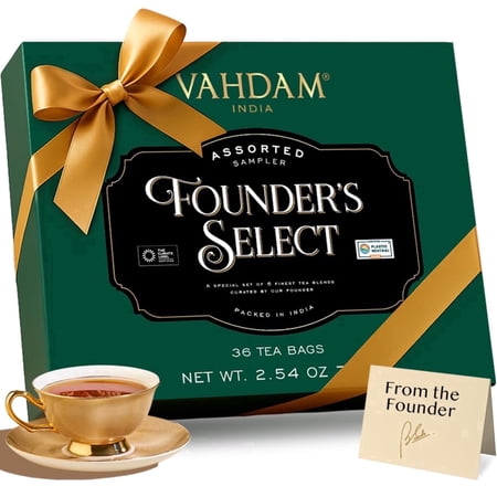 VAHDAM Founder's Select Tea Gift Set, 6 Assorted Flavors (36 Tea Bags), Premium Tea Sampler in Presentation Box, Luxury Gift for Women & Men