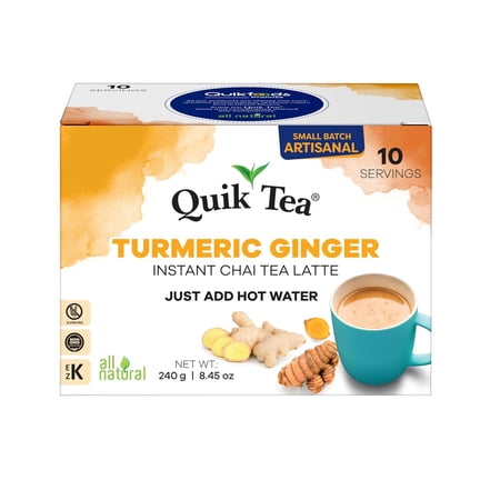 QuikTea Instant Turmeric Ginger Chai Tea Latte, 10 Single-Serve Sachets, Artisanal Indian Chai Latte Mix, Just Add Hot Water, Low Caffeine, Non-GMO, Gluten Free