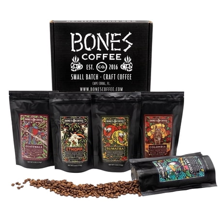 Bones Coffee Medium Roast Ground Coffee | 4 oz World Tour Sample Pack Flavored Coffee