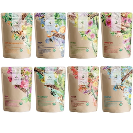 Gardenika Organic Loose Leaf Herbal Tea Sampler, 8 Wellness Blends - 1 lb Ayurvedic Variety Pack