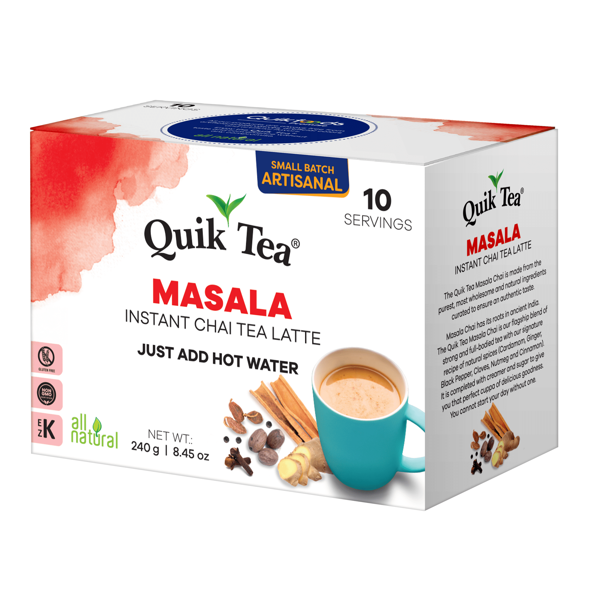 QuikTea Instant Masala Chai Tea Latte - 10 Count, Classic latte with a hearty mix of traditional chai spices, low Caffeine, No artificial colors, flavors or preservatives - Just Add Hot Water, non-GM