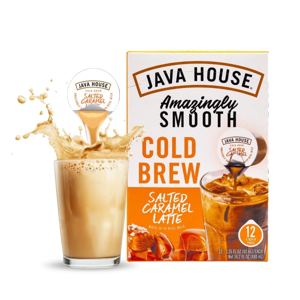 Java House Single-Serve Cold Brew Coffee Pods - Premium 100% Arabica Liquid Concentrate - Salted Caramel Latte - 12 Pods - Ready Hot or Iced, Travel-Friendly, TSA Approved