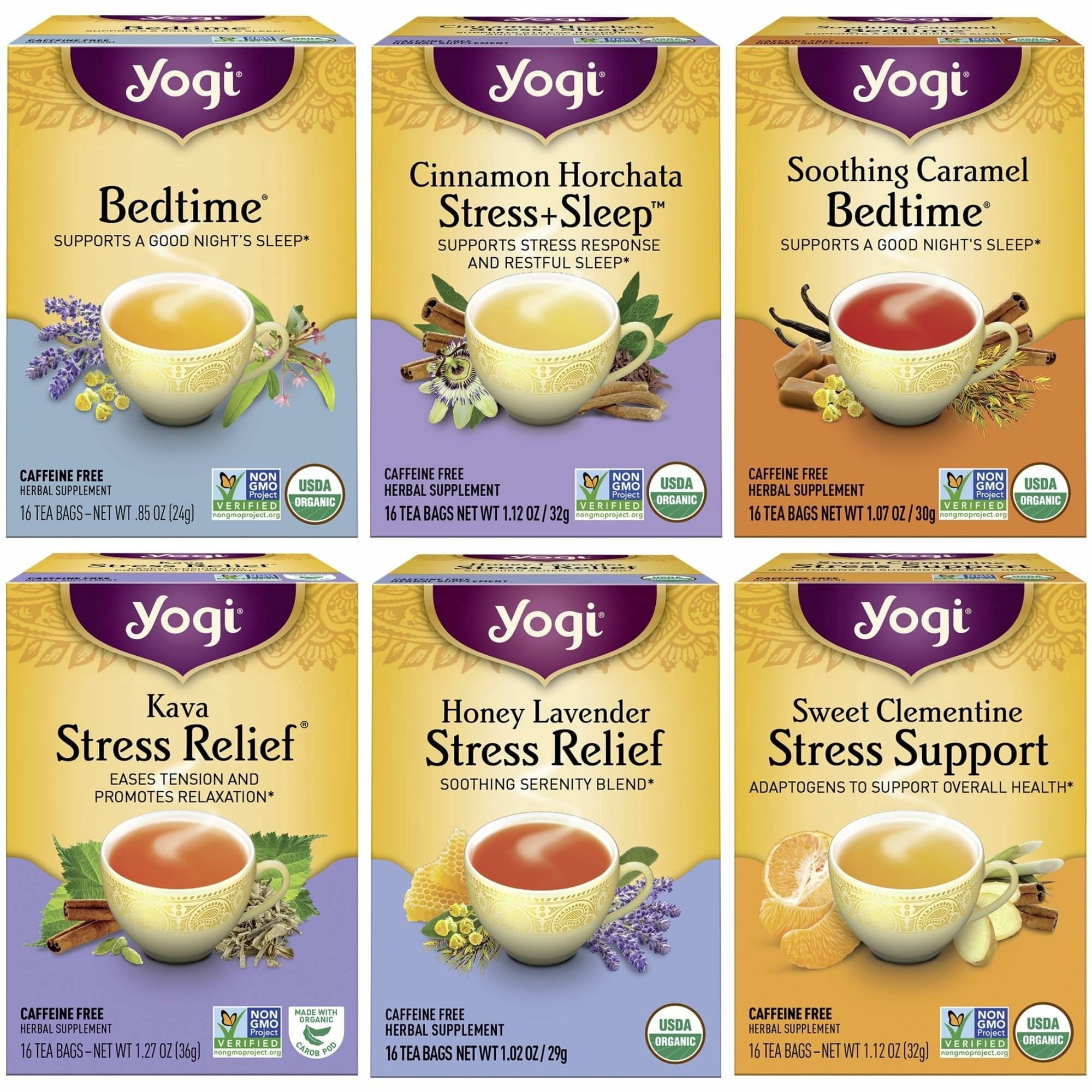 Yogi Stress Relief Herbal Tea Variety Pack Organic Caffeine-Free 16 Count 6 Pack