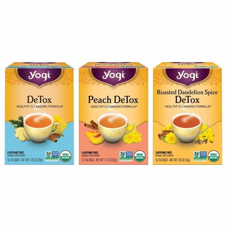 Yogi Tea Herbal DeTox Variety Pack - 16 Bags per Pack (3 Packs) - Organic Detox Tea Sampler - Includes DeTox Tea, Peach DeTox Tea & Roasted Dandelion Spice DeTox Tea - Tea Assortment