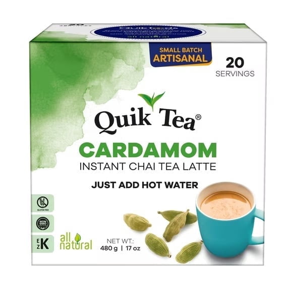 QuikTea Instant Cardamom Chai Tea Latte, 20 Single-Serve Sachets, Artisanal Indian Chai Latte Mix, Just Add Hot Water, Low Caffeine, Non-GMO, Gluten Free