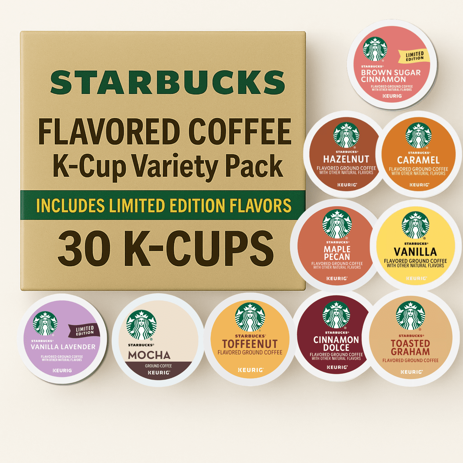 Best of Starbucks Flavored Coffee Pods Variety Pack - 10 Bestselling Flavors, 30 Count K-Cups Sampler for Keurig - Mocha, Vanilla, Hazelnut, Caramel & More