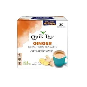 QuikTea Instant Ginger Chai Tea Latte, 20 Single-Serve Sachets, Artisanal Indian Chai Latte Mix, Just Add Hot Water, Low Caffeine, Non-GMO, Gluten Free