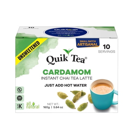 QuikTea Instant Cardamom Chai Tea Latte Unsweetened, 10 Single-Serve Sachets, Artisanal Indian Chai Latte Mix, Just Add Hot Water, Low Caffeine, Non-GMO, Gluten Free