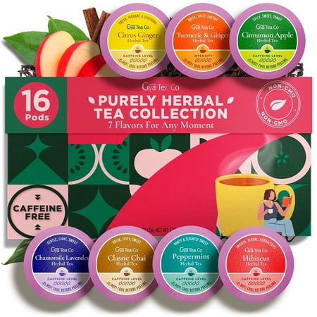 Gya Tea Co Purely Herbal Tea Pod Collection Caffeine Free Tea Gift Set (16 ct) - 7 Flavors Assorted Variety Pack with Hibiscus, Chamomile & Ginger