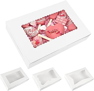 Moretoes 48pcs Cookie Boxes with 3 Style Window, 12x8x2.5In Bakery Boxes | Food-grade White Treat Boxes, Dessert Boxes for Chocolate Covered Strawberries, Desserts and Cookies, with 4pcs Stickers