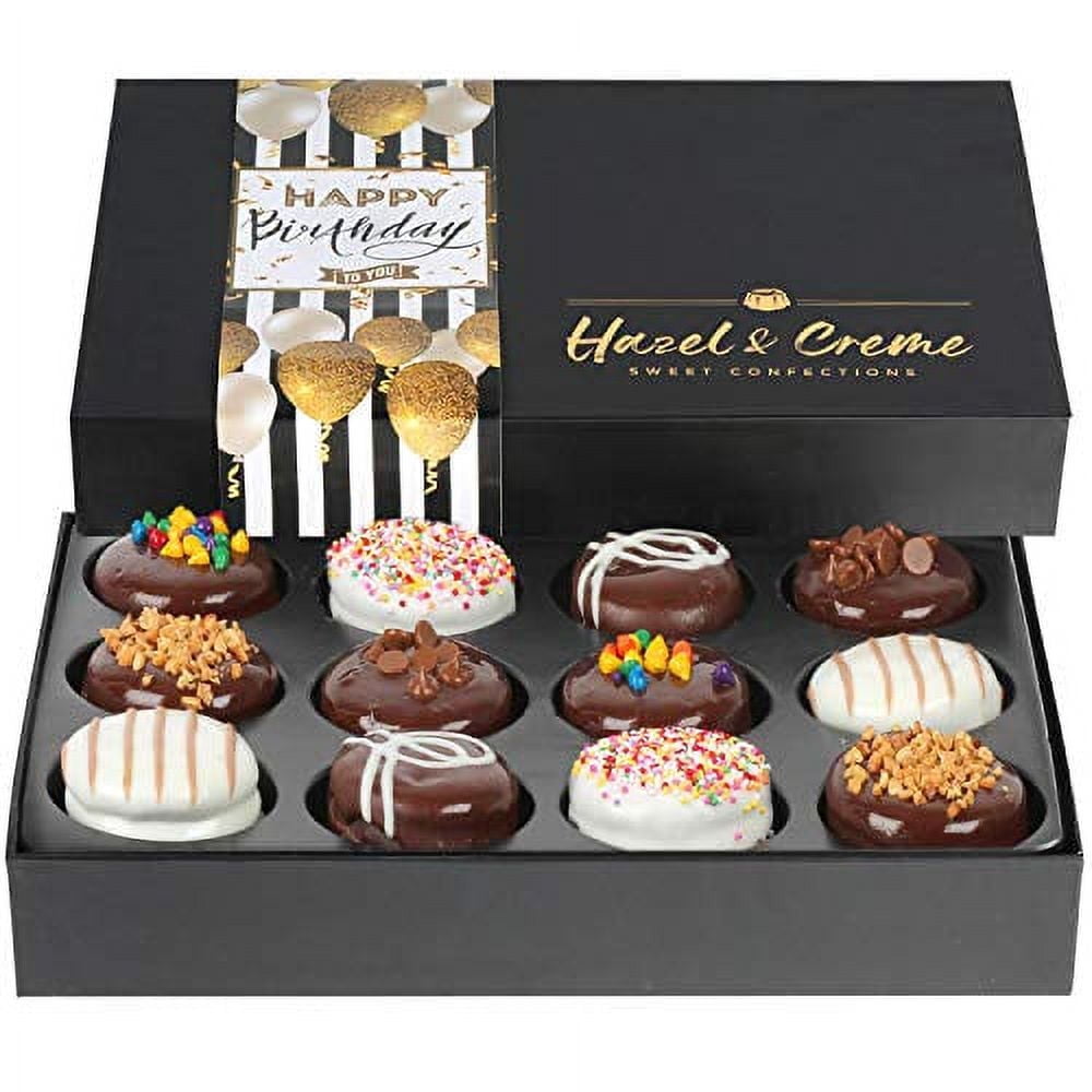 Hazel & Creme Happy Birthday Cookie Gift - 12 Cookies - Birthday Food Gift - Chocolate Covered Cookies - Chocolate Gift Box - Variety Gourmet Food Gifts