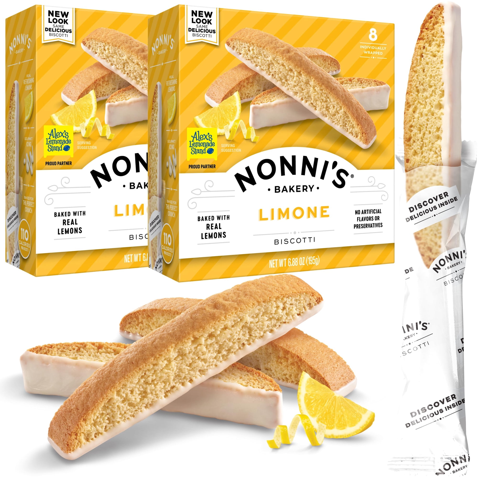 Nonni's Limone Biscotti Italian MMF7 2 Boxes Lemon Biscotti Individually Wrapped Lemon Italian Biscotti Cookies w/White Icing - All Natural Ingredients - Kosher - 6.88 oz