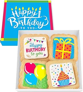 Happy Birthday Cookies 4 PACK Gift Basket for Kids Men Women | Decorated Sugar Cookie Gift Box | Individually Wrapped Party Favors Nut Free (Birthday, Standard Box)