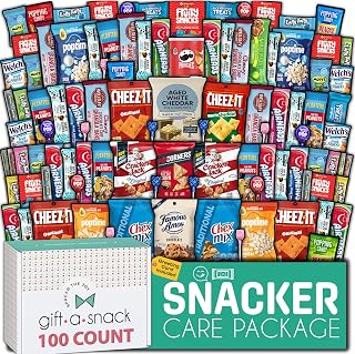 Gift A Snack - Snack Box Variety Pack Care Package + Greeting Card | (100 Count) Graduation Birthday Sweet Treats Gift Basket Candies Chips Crackers Bars Office Food Assortments & Variety Gifts