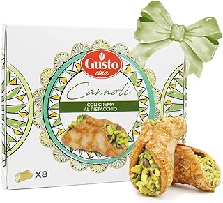 GUSTO ETNA Sicilian Mini Cannoli Filled with Pistachio Cream in Gift Box | Crunchy Sicilian Pastry with Pistachio Butter Filling; 8 Pieces in a Gift Box, Made in Bronte, Sicily, Product of Italy.