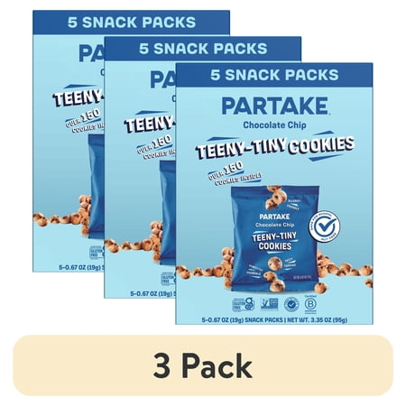 (3 pack) Partake Teeny Tiny Chocolate Chip Cookies, Vegan & Gluten-Free, Shelf-Stable, 5 Pack, Baked Snack
