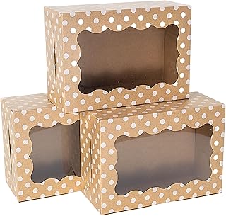 Polka Dot Cookie Boxes - 12 Pack - Brown Bakery Gift Box with Window | Polka Dot Designs - For Pastries, Cupcakes, Strawberries, Macarons & Treats - Large Size Easily Fits a Dozen Cookies - 12 pcs