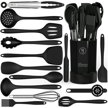 Black Silicone Cooking Utensils Set - 446F Heat Resistant Kitchen Utensils,Turner Tongs,Spatula,Spoon,Brush,Whisk,Kitchen Utensil Gadgets Tools Set for Nonstick Cookware,Dishwasher Safe (BPA Free)