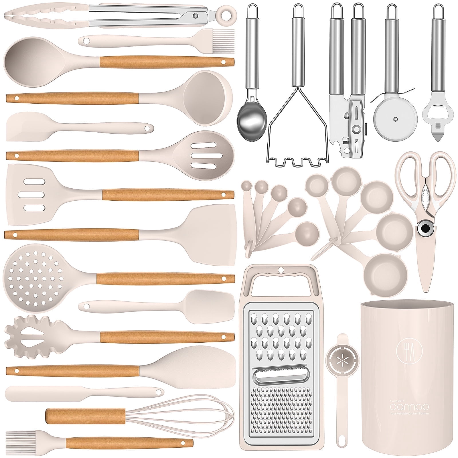 35 Silicone Cooking Utensils Set - 446F Heat Resistant Silicone Kitchen Utensils for Cooking, Kitchen Utensil Spatula Set w Wooden Handles and Holder, BPA FREE Gadgets for Non-Stick Cookware (Khaki)