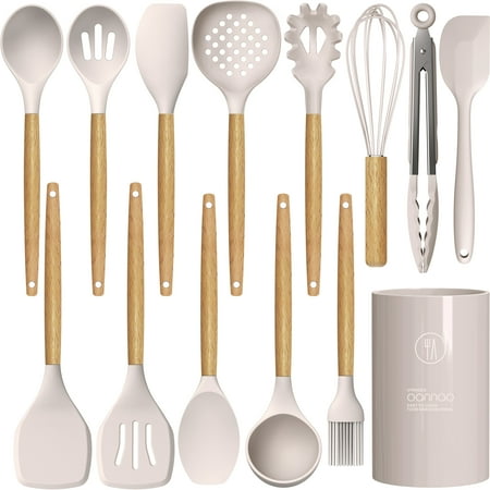 oannao Silicone Cooking Utensils Set - 446F Heat Resistant Silicone Kitchen Utensils for Cooking,Kitchen Utensil Spatula Set w Wooden Handles,Holder, BPA FREE Gadgets for Non-Stick Cookware (Khaki)