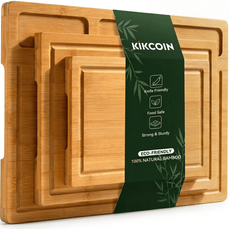Kikcoin Cutting Board Set of 3, Bamboo Cutting Boards for Kitchen, Non-slip Wooden Chopping Boards with Juice Grooves, Reversible Charcuterie Board for Fruit, Meat