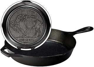Lodge Cast Iron Buffalo Nickel Skillet, 10.25 Inches | Cast Iron Skillet Featuring Buffalo Nickel Coin Design for Oven, Stovetop, Grill & Campfire, Non-Toxic, Made in USA