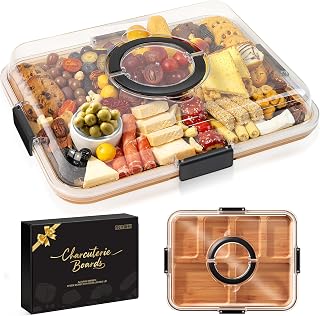 Renmxj Portable Charcuterie Boards with Lid, Cheese, Veggie & Snack Tray | Clear Lid Keeps Food Fresh, Travel Portable Board for Kitchen, Picnic and Party, House Warming Gifts New Home