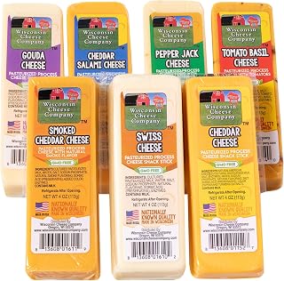 Wisconsin Cheese Company - Specialty Cheese Block Sampler Pack - 7 Flavors Including Cheddar, Pepper Jack, Swiss, Gouda, Salami, Smoked Cheddar & Tomato Basil - Charcuterie Board Gift Set (4 oz Each)