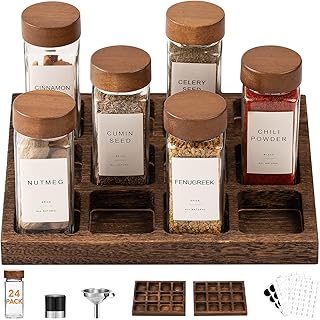 Yangbaga Glass Spice Jars with Labels, 24pcs 4oz Seasoning Jars with 2 Rack | Square Empty Containers with Acacia Lid Keep Fresh, Dishwasher Safe Bottles for Spice Rack, Drawer, Cabinet, Kitchen Cooking