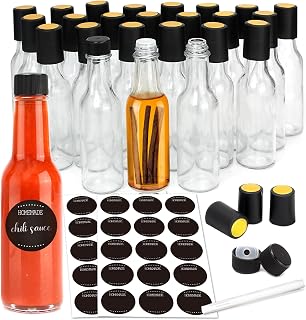 gmisun Hot Sauce Bottles 5 oz, 24 Pack Vanilla Extract Bottles with Shrink Capsules, Glass Woozy Bottle with Labels, Funnel, Caps, Dripper Inserts, for Homemade Hot Sauces, Dressing