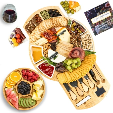 Extra Large Charcuterie Boards Gift Set: 16 in Round Bamboo Cheese Board and Knife Set, Cheese Tray - Unique for Mom, Wedding Gifts for Couple, House Warming Gifts New Home