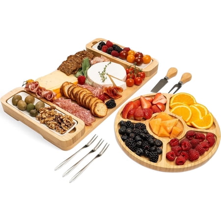 Bamboo Charcuterie Board Set with Round Tray, Cheese Board Platter, Bowls, Knives & Forks, 9 Piece, 16.4" x 9.8"