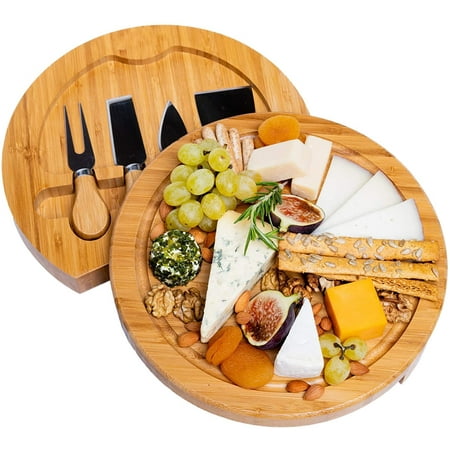 Bamboo Cheese Board with Knife Set - Round Charcuterie Board, Serving Tray, Platter, Wood Cheese Board Set - for House Warming Gifts New Home