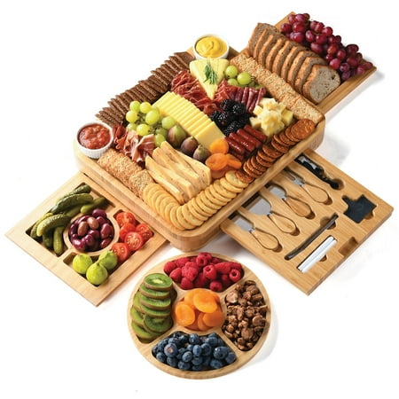 Bamboo Cheese Board Set - Extra-Large Cheese and Meat board and Knife Set - Best Breakfast Charcuterie Wooden Board Set for Holiday Gift, Housewarming Gifts, Wedding Gift - Housewares Goods
