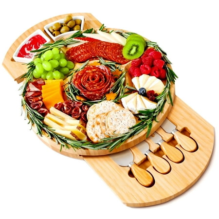 EVMORE Bamboo Cheese Board with Knife Set and Slate - 13 inch Round Charcuterie Board, Serving Tray, Platter, Wood Cheese Board Set - Gift Idea