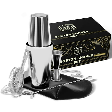 (5 Pc) Boston Cocktail Shaker Set w/ HD Strainer, High End Japanese Jigger & 500 Recipes - Stainless Steel Margarita & Martini Mixer Kit, Mixed Drink, Bartender Mixology Accessories - Barware Tools