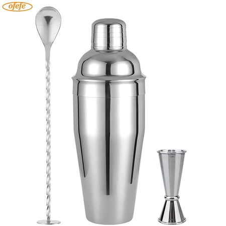 Cocktail Shaker Set,24oz Drink Shaker with Bartender Strainer, Measuring Jigger, Bar Mixing Spoon, Cocktail Recipe Guide, Professional Drink Mixer Set for Beginners, Silver