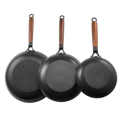 KFFKFF Cast Iron Skillet Set, 3-Piece Frying Pan Collection (8, 10, 12 in), Nonstick Pans with Removable Wooden Handle, Pre-Seasoned Cookware for Gas, Electric, and Induction Stoves, Black